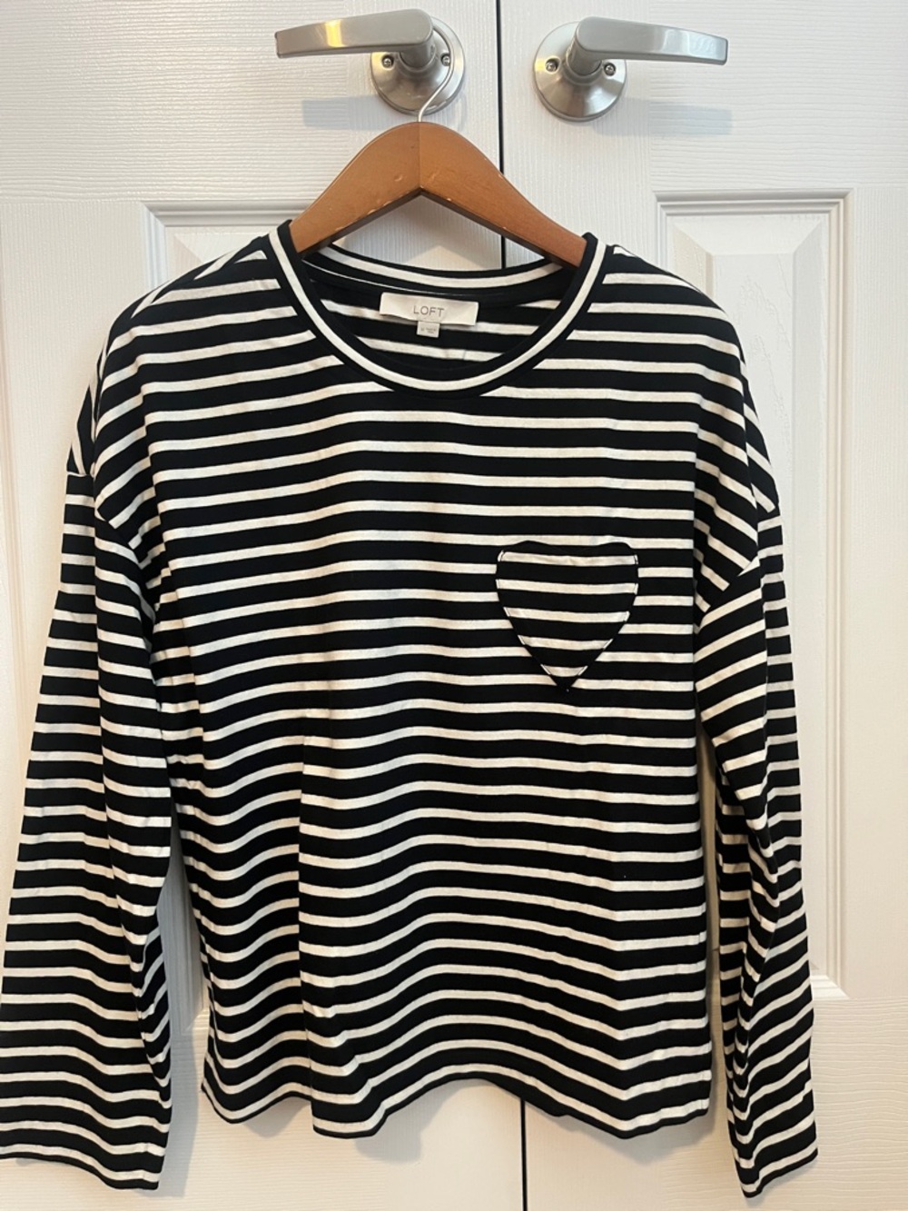 LOFT Black & White Striped Long Sleeve Tee with Heart Pocket Detail